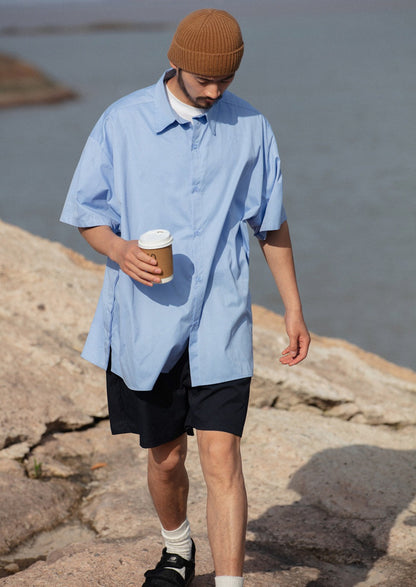 NOEARS / FS-131 retro blue shirt men short-sleeved