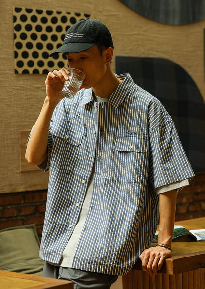 PINSKTBS / FS-136 Japanese bubble yarn striped short-sleeved shirt