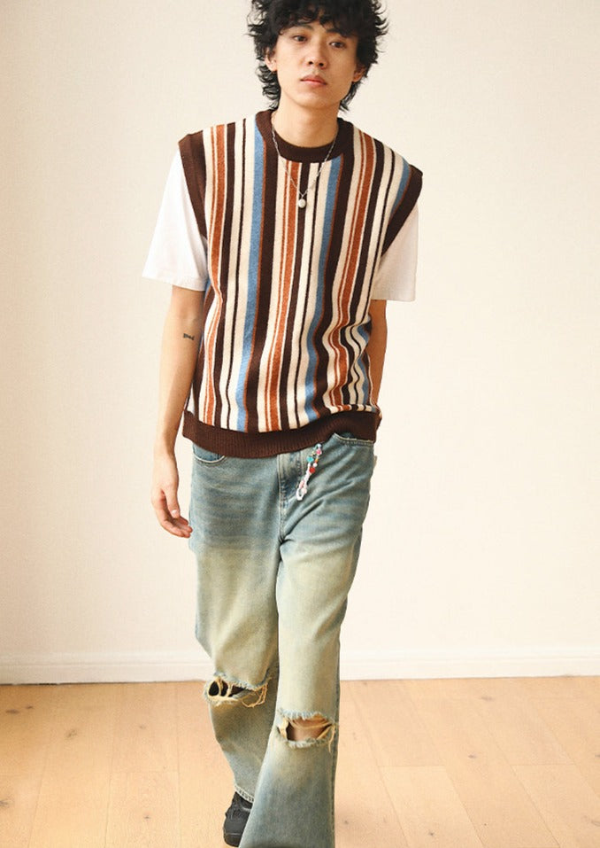 mcmxciii / FS-184 Neutral Retro Coffee Striped Knitted Vest