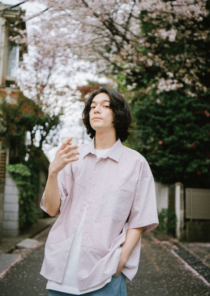 YOSHIYOYI / FS-112 pink striped splicing short-sleeved shirt