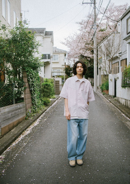 YOSHIYOYI / FS-112 pink striped splicing short-sleeved shirt