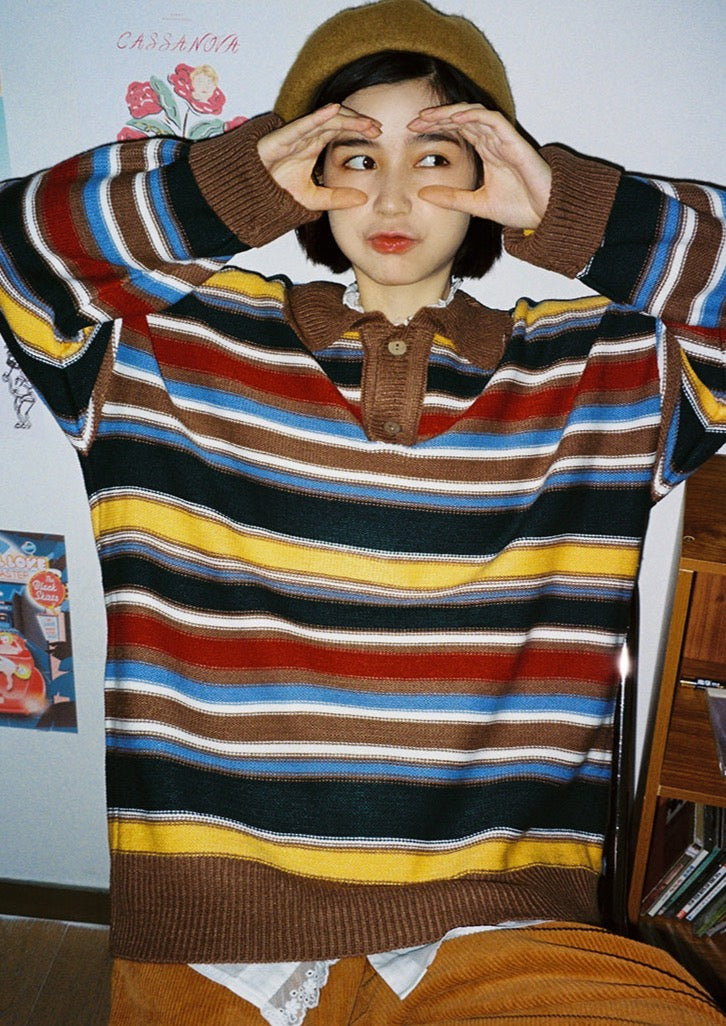 FUMA / FS-247 retro rainbow striped Polo shirt sweater